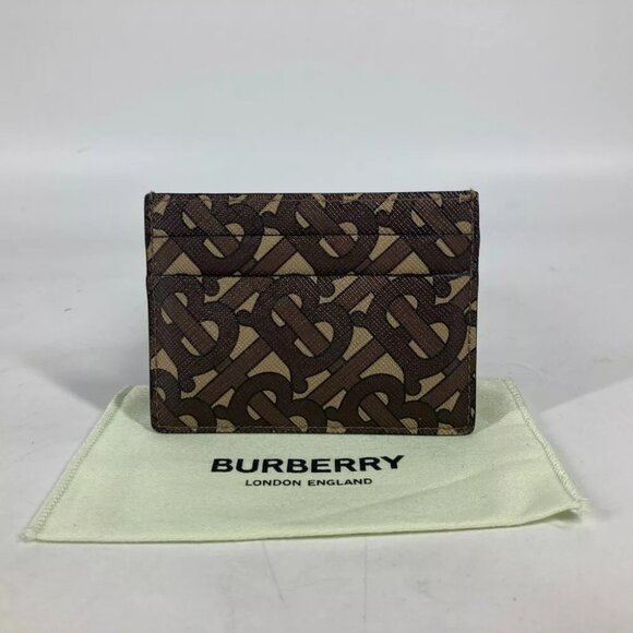 BURBERRY TB logo Business Card Holder Pass Case Card Case Leather Brown - Picture 1 of 11